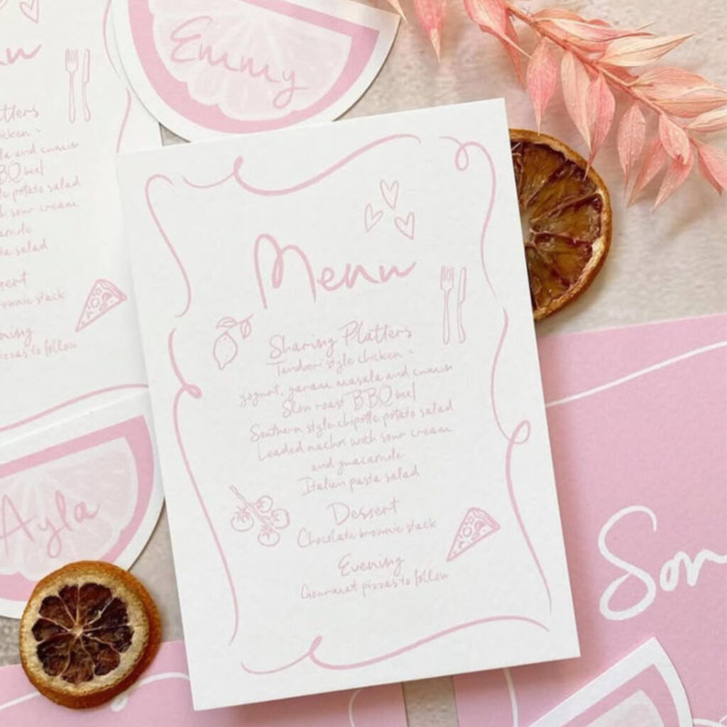 Pink illustrated wedding stationary set