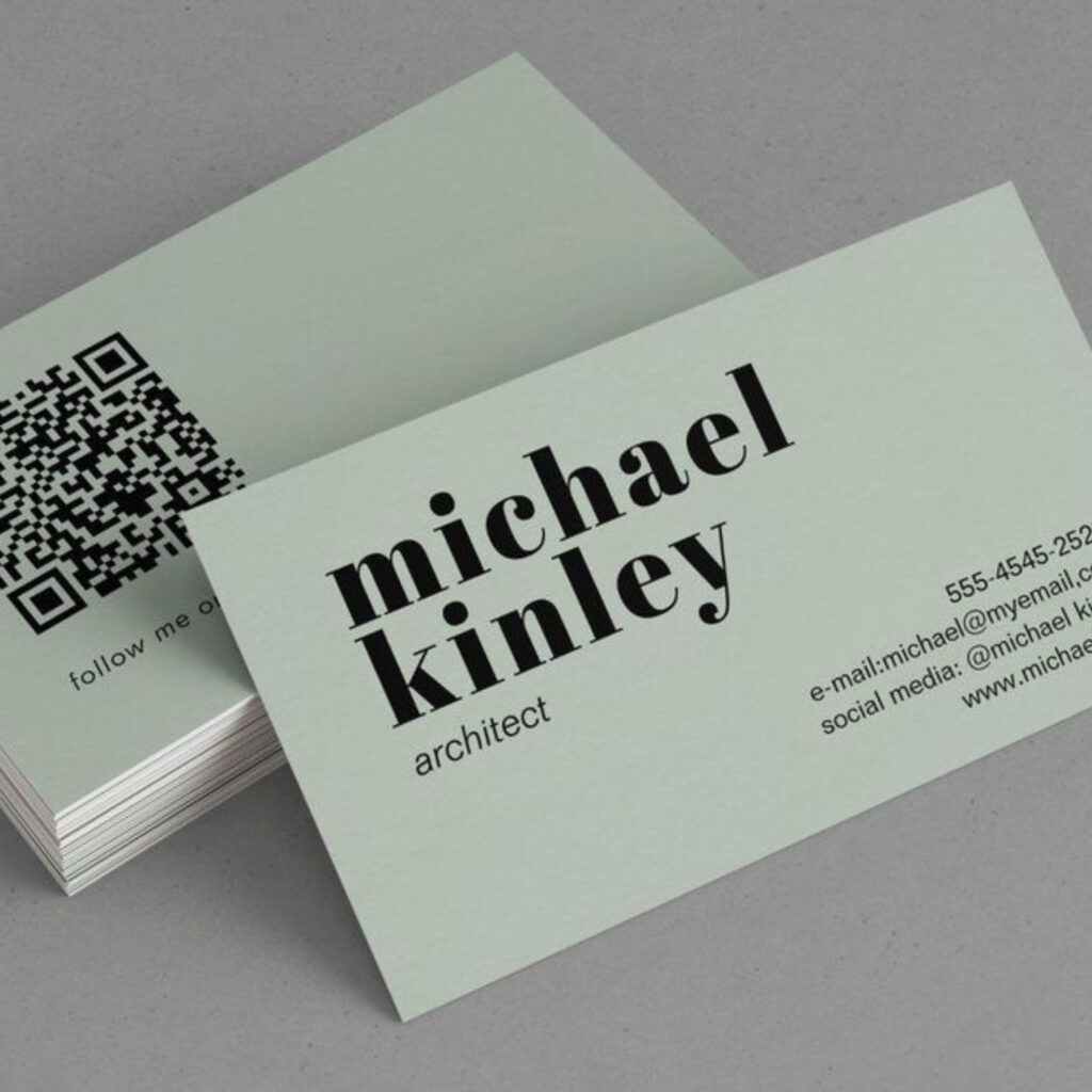 Pale green business cards with black text and QR code